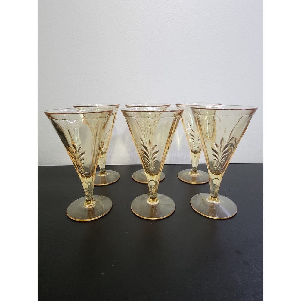 STUNNING HTF VINTAGE SET OF 6 FOSTORIA GLASS BAROQUE TOPAZ WATER GOBLETS